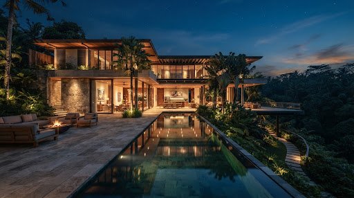 Dramatic cinematic hero shot of a modern luxury architectural tropical residence with seamless indoor-outdoor living, reflection pool, stone terrace, lush tropical foliage, mature exotic trees, warm atmospheric evening lighting, minimalist bespoke landscape architecture, high-end architectural photography, 8k resolution, photorealistic